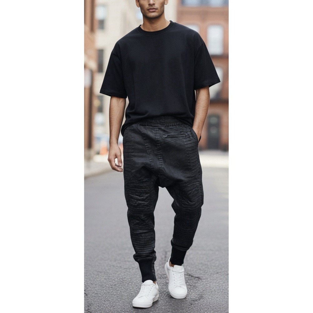 DEMOBAZA Fit Engine Black Coated Rib Biker Trousers Drop Crotch Joggers Mens S